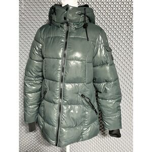 Steve Madden Women's Puffer Jacket Faux Fur Lined Hood Sz M Dark Green